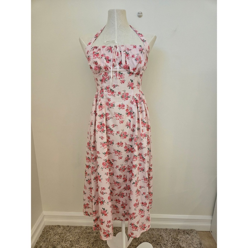 Pink Floral Halter Midi Dress Rose Print Pleated Skirt Summer Garden Party